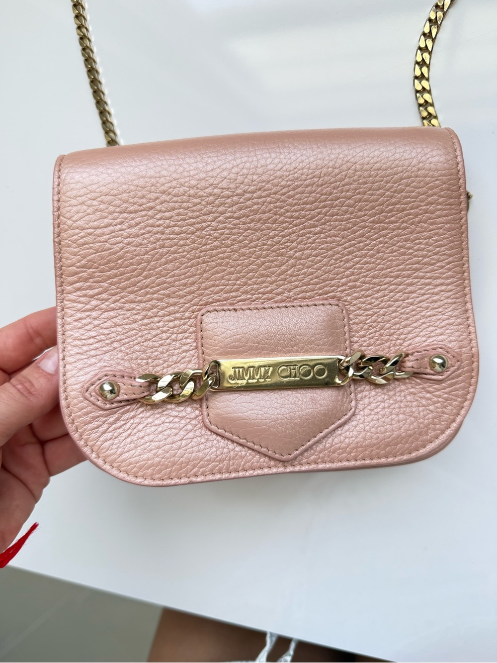 Jimmy Choo Rebel Soft Crossbody Bag – Blush Pink Pebbled Leather /Gold Chain